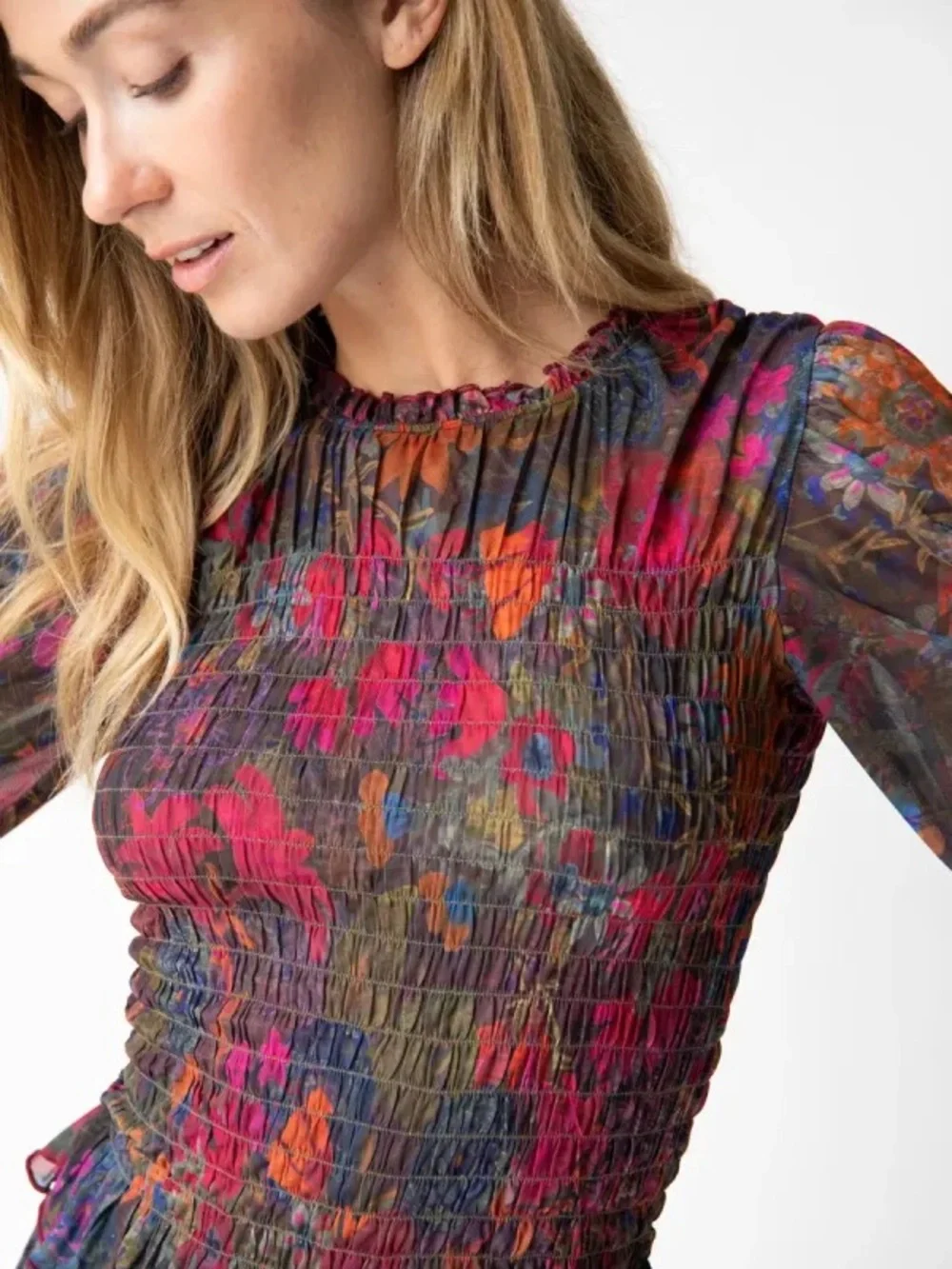 NATURAL LIFE Sheer Floral Mesh Top in Pink, Blue and Cream - Picture 2 of 9